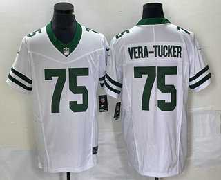 Mens New York Jets #75 Alijah Vera Tucker White 2023 FUSE Vapor Limited Throwback Stitched Jersey